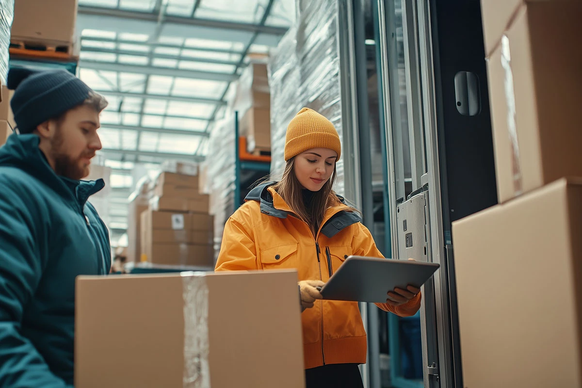 Arbeitskolleg:innen mit Paketen in einem Hochregallager