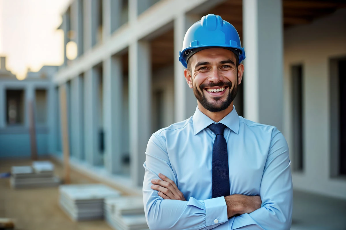 Gesch&auml;ftsmann mit Helm vor einer Geb&auml;ude-Baustelle