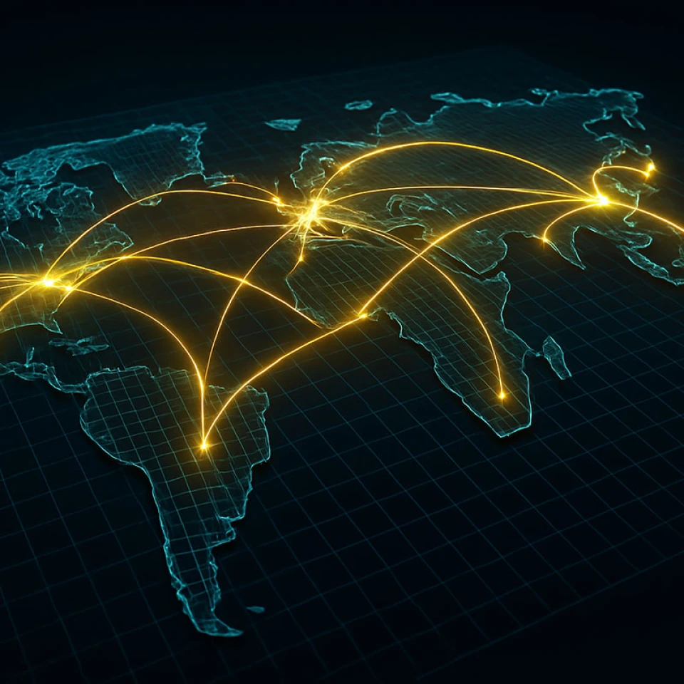Weltkarte mit leuchtenden Verbindungslinien zwischen Metropolen auf allen Kontinenten