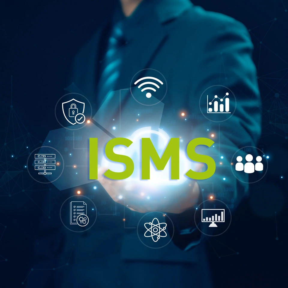 Grafik einer ISMS-Einführung mit verschiedenen Icons der Geschäftsbereiche