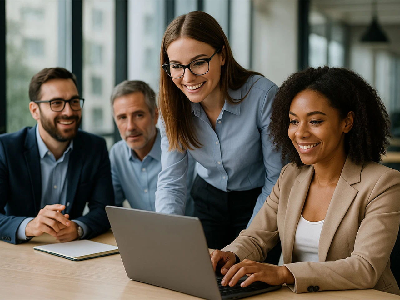 zwei M&auml;nner und zwei Frauen sitzen an einem Tisch zusammen und gucken gemeinsam auf einen Laptop in einem Gro&szlig;raumb&uuml;ro