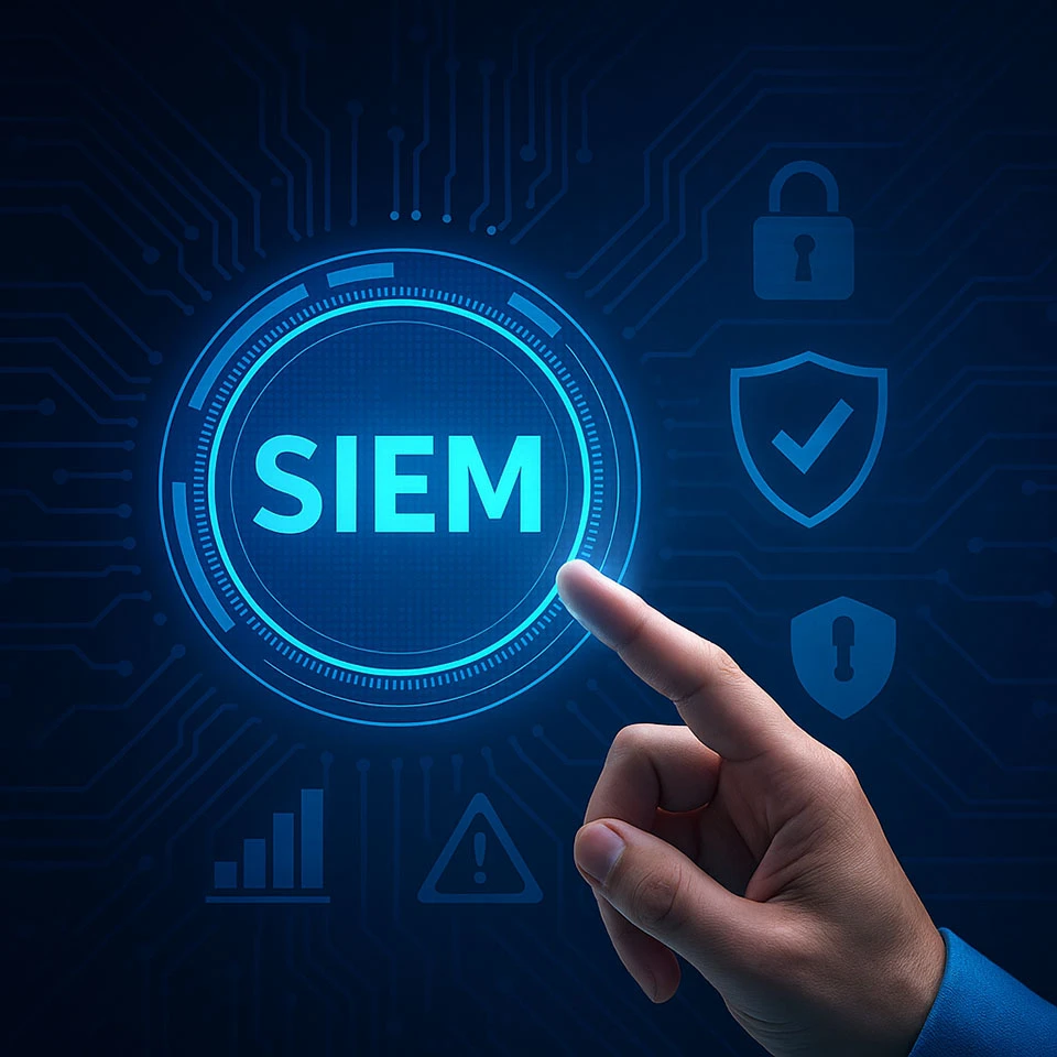 Eine technische Grafik mit leuchtenden Buchstaben SIEM steht und ein Finger einer Hand auf das Wort zeigt