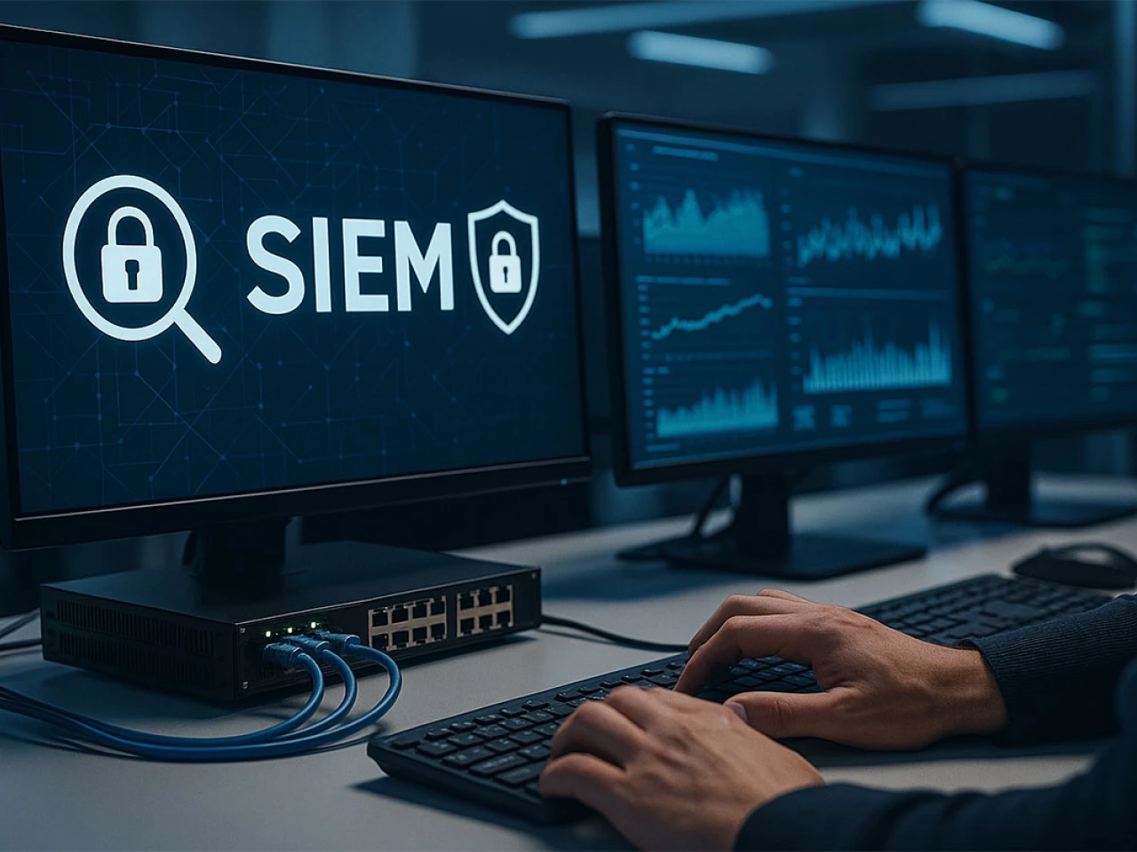 B&uuml;roplatz mit drei Monitoren zu sehen, auf einem Steht SIEM mit Schloss-Symbolen, menschliche H&auml;nden tippen auf der Tastatur