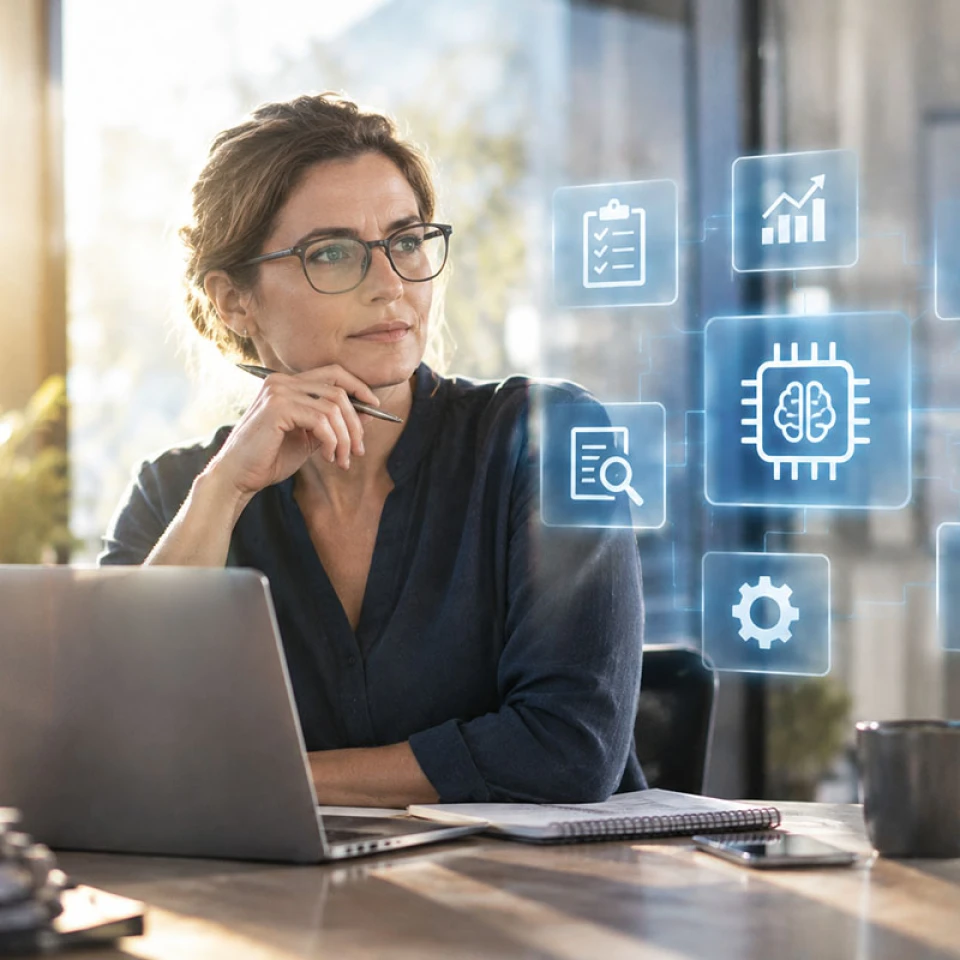 Frau sitzt denkend vor ihrem Laptop in einem modernen Büro, neben ihr schweben Icons zum Thema Künstliche Intelligenz