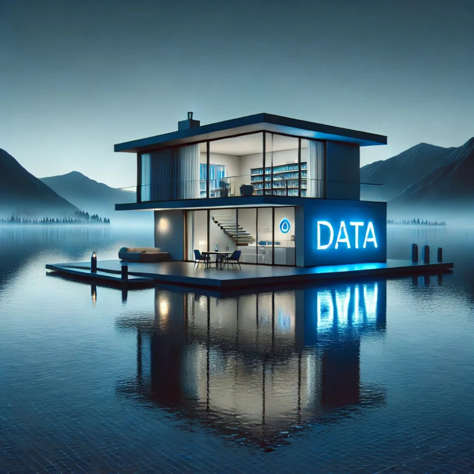 modernes zweistöckiges Haus auf einem See im Hintergrund Berge, auf einer Außenwand des Hauses steht Data in blauer Neonschrift