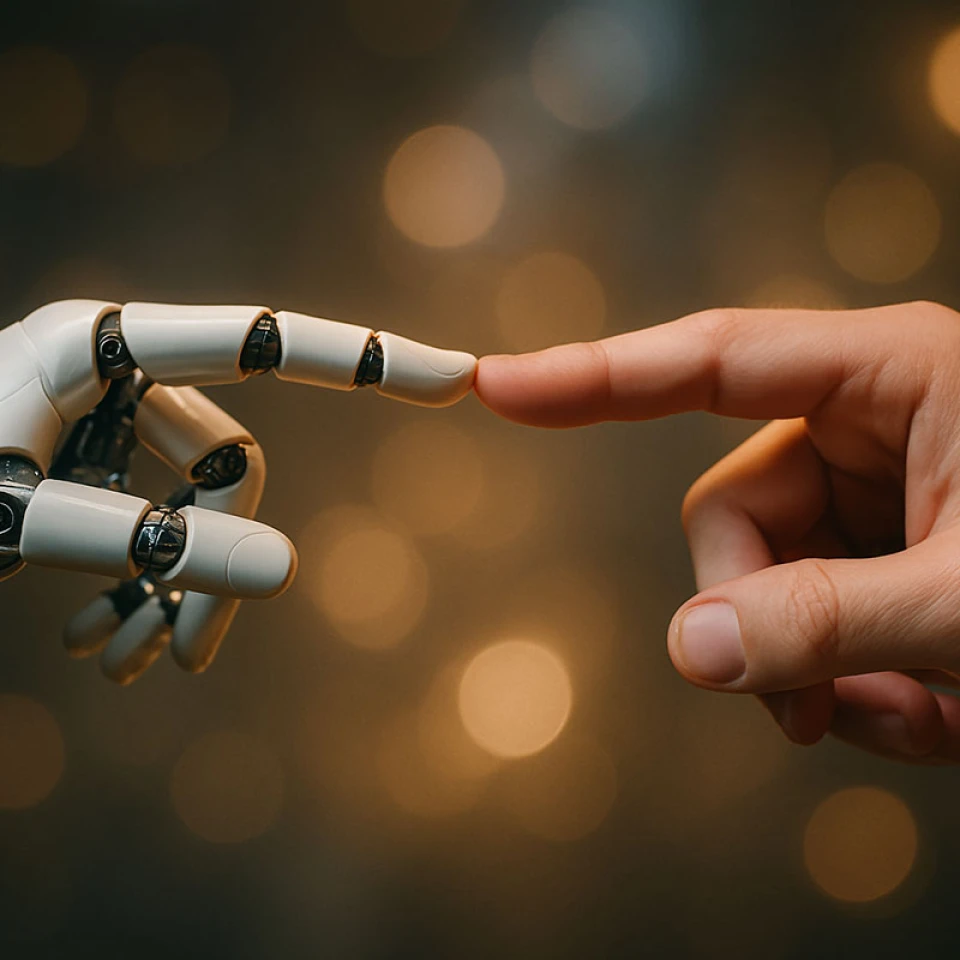 Eine Roboterhand und eine menschliche Hand berühren sich beide mit dem jeweiligen Zeigefinger