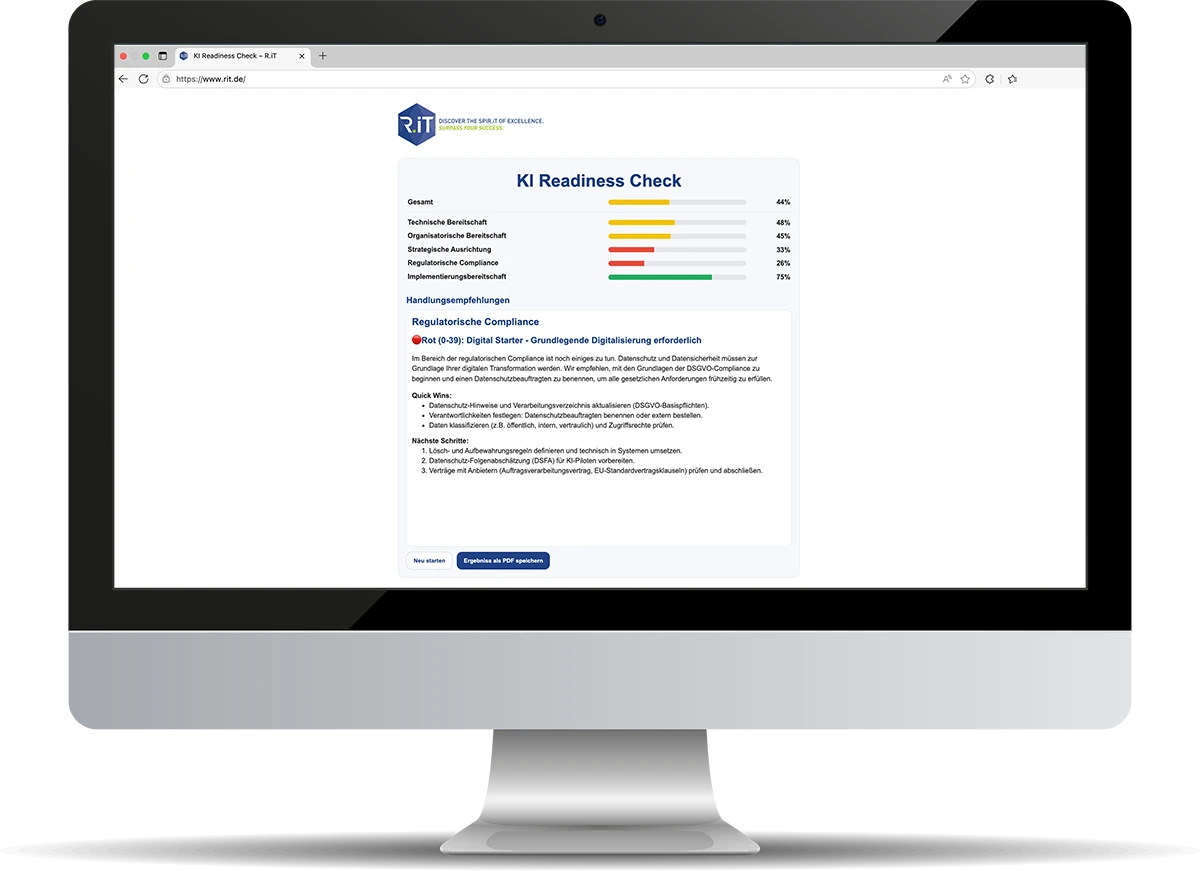 Mockup von einem modernen Display auf dem eine Auswertung mit farblichen Balken zur KI Readiness zu sehen ist