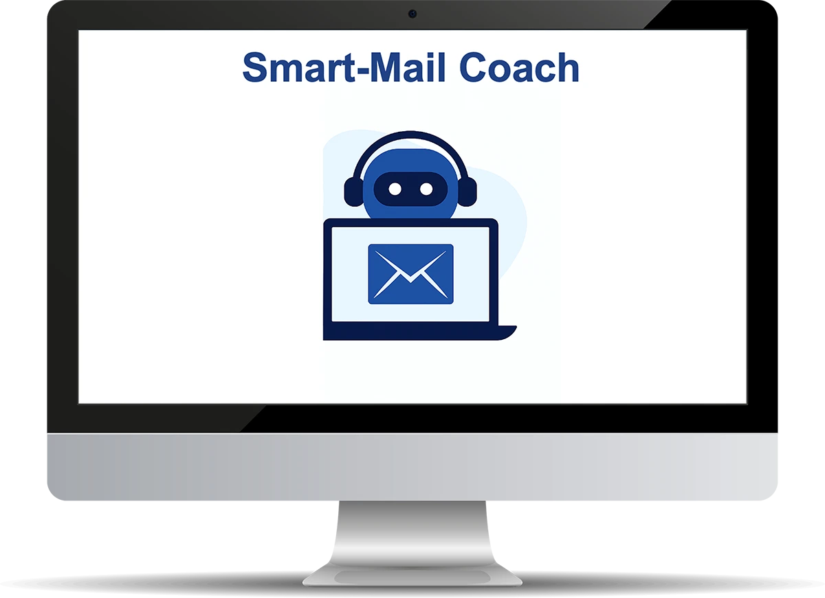 Ein Dispaly auf dem der Text Smart Mail Coach zu sehen ist sowie eine Grafik eines kleinen blauen Roboters, der sich hinter einem aufgeklappten Laptop befindet