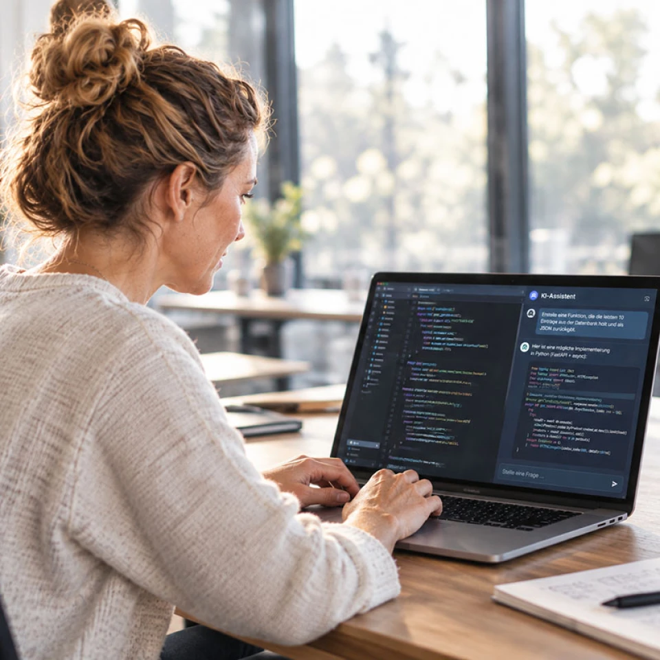 Frau sitzt an einem Schreibtisch vor ihrem Laptop und programmiert Software mit Hilfe von KI in einem offenen Büro